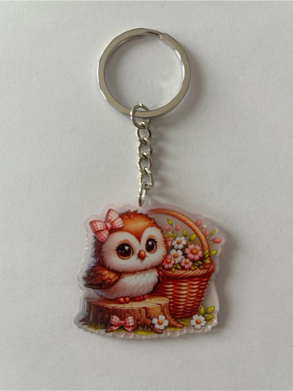 Brown Owl Acrylic Keychain Charm with Floral Basket